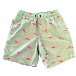 Maamgic Men Swim Trunks Size S Green Pink Shark Print Elastic Waist Board Shorts